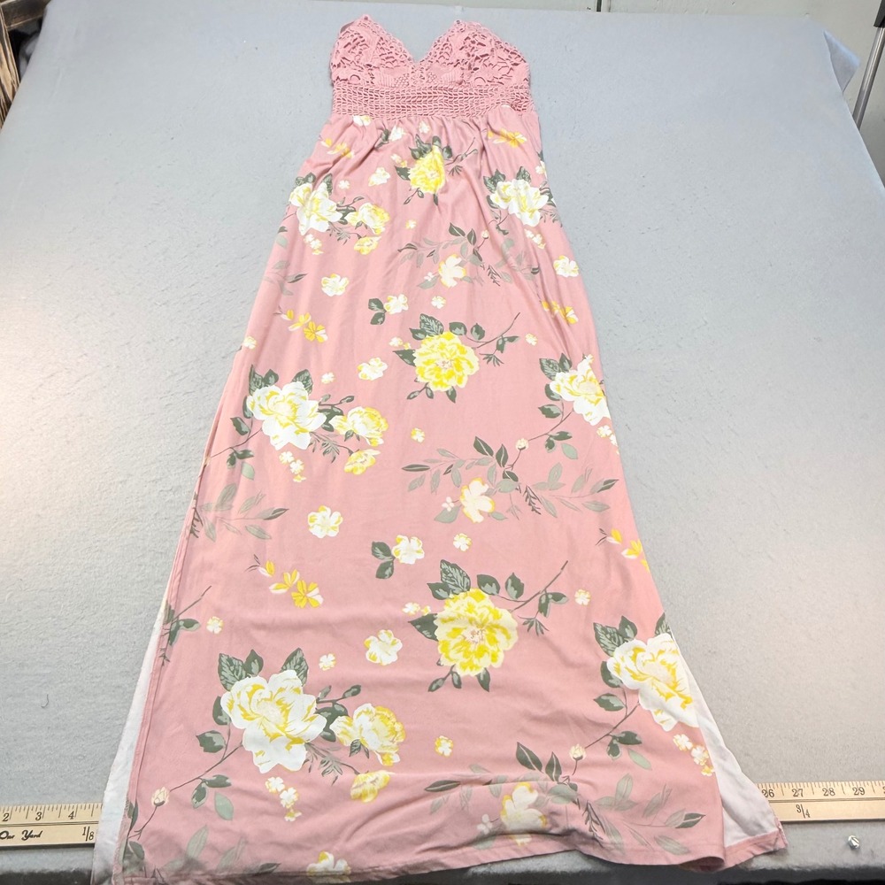 No Boundaries XS Pink Floral Crochet Yoke Sleeveless Maxi Dress Summer Casual‎